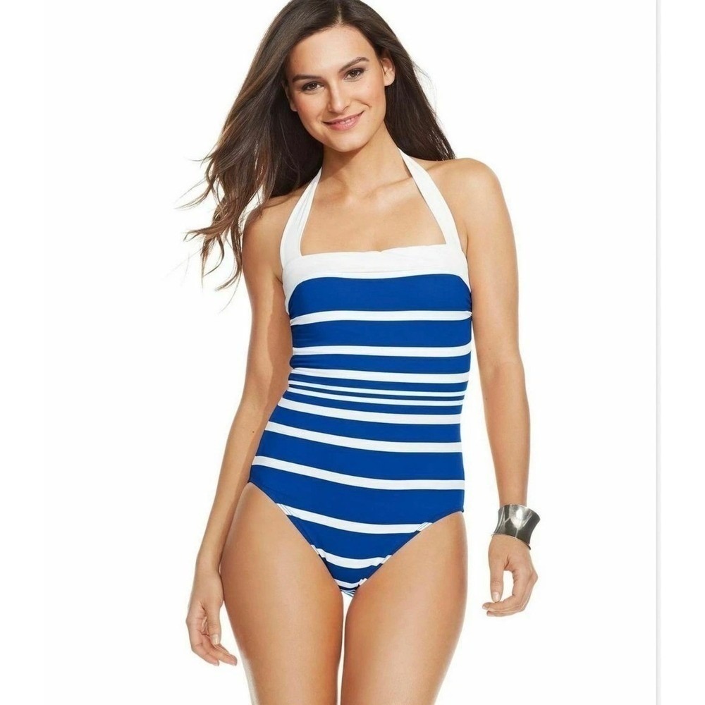 Lauren Ralph Lauren Blue White Striped Halter One Piece Swimsuit Size 10 NWT